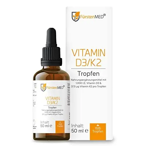 Produktbild: FürstenMED® 50ml Vitamin D3 K2 Tropfen (1000 I.E) Hochdosiert mit 25µg Vit. D3 & 37,5µg Vit. K2 pro Tagesdosis - 1515 Tropfen in MCT Öl auf Kokosbasis - D3K2 Vegetarisch & Ohne Zusatzstoffe