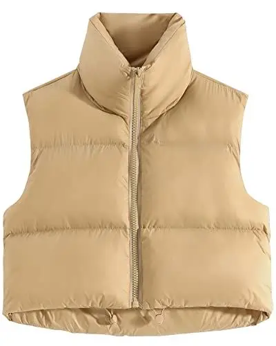 Produktbild: fuinloth Damen Weste Kurz Stehkragen Steppweste Warm Winter Crop Puffer Weste mit Reißverschluss Ärmellose Übergangsweste Khaki M