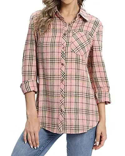 Produktbild: fuinloth Hemd Damen Kariert Trachtenbluse Plaid Langarmshirt Flanell Bluse Elegant Oberteile aus Baumwolle Rosa M 36-38