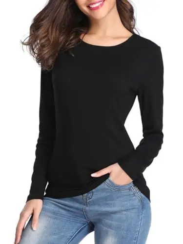 Produktbild: fuinloth Langarmshirt Damen Longsleeve Basic Bluse Oberteil Rundhals Elegant Langarm Tshirt Schwarz Small