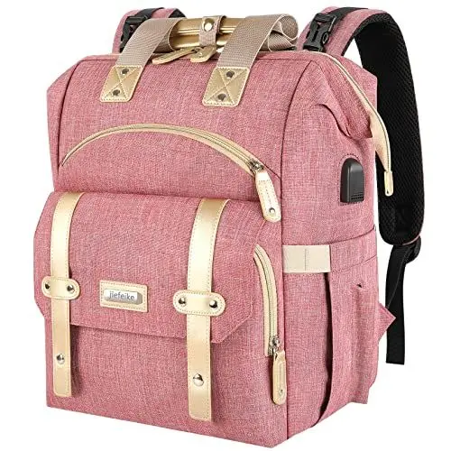 Produktbild: FuisDiL Wickeltasche Rucksack - Großer Wickelrucksack mit USB Ladeanschluss & RFID Anti Diebstahl, Isolierte Taschen & Kinderwagengurte - lässige Wickeltasche für Baby Reise, Mama und Papa (Rosa)