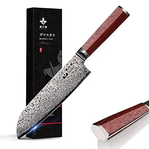 Produktbild: FUJUNI Damastmesser Santoku Messer damast Mit Extrem Scharf 18 cm Klinge Aus 67 Lagen VG-10 Damaststahl Küchenmesser Scharf Messer, Holzgriff, Geschenkbox