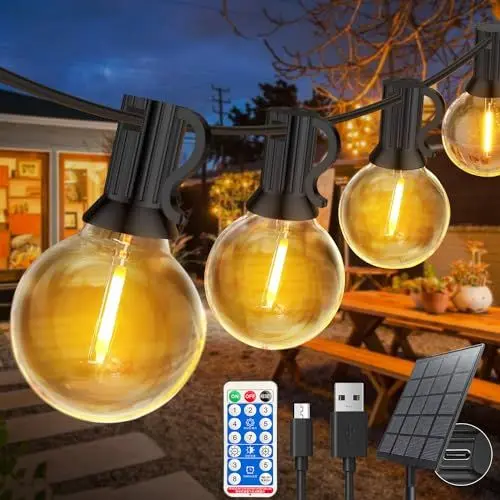 Produktbild: FUKOOLE 15M Solar Lichterkette Außen mit 25+1 G40 LED Glühbirnen, Lichterkette Außen Solar Wetterfest mit USB/Solar-Lademethode, 8 Modi, IP65 Wasserdicht Lichterketten für Garten, Terrasse, Hochzeiten