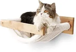 Produktbild: FUKUMARU Kletterwand Katzen, Großes Katzenregal zur Wandmontage, aus massivem Gummibaumholz, Katzenhängematte Wand zum Schlafen, Spielen, Tragkraft bis 18 kg, Weißes Flanellmaterial