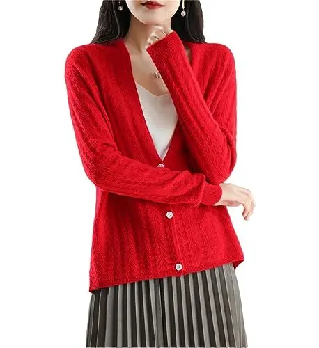 Produktbild: FULBHPRINT Frühling Herbst 100% Wolle Strickjacke Damen V-Ausschnitt Lose Pullover Mantel Kaschmir Strickpullover