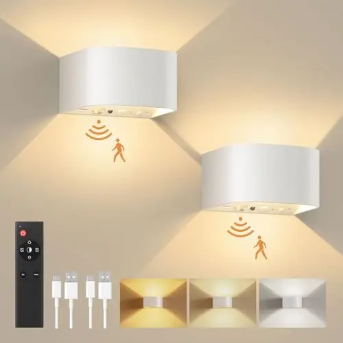 Produktbild: FULEN 2 Stück Akku wandleuchte mit Bewegungsmelder, LED Wandleuchte Innen, 3 Farben, 3 Modi, Up and Down Kabellose Akku Wandleuchte mit Fernbedienung für Schlafzimmer Wohnzimmer Treppe (Weiß)