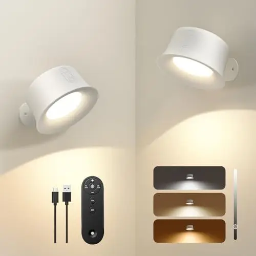 Produktbild: FULEN LED Wandleuchte Innen 2 Stück, 3 Farbmodi Nachttischlampe, 360° Drehbare Touch Control Wandlampen, Wandlampe für Wohnzimmer Schlafzimmer Flur Kabellose Wandleuchten, Weiß