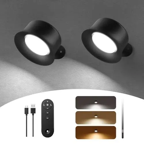 Produktbild: FULEN Wandleuchte Innen, LED-Wandleuchten, 2 Stück mit Wiederaufladbarem 3200-mAh-Akku, 3 Farbmodi, Dimmbar, Touch-und Fernbedienung, kabellose Wand-Leselampe für Schlafzimmer am Nachttisch