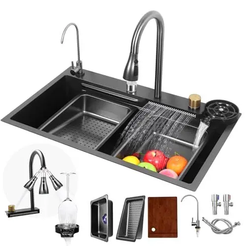 Produktbild: Fulgutonit Wasserfall Küchenspüle, Multifunktional Küchenspülen Edelstahl, Schwarz Grau Küche Wasserfall Spüle Waschbecken mit Becherspüler Pull-out Wasserhahn & 4 Spray-Modi, 75x46CM