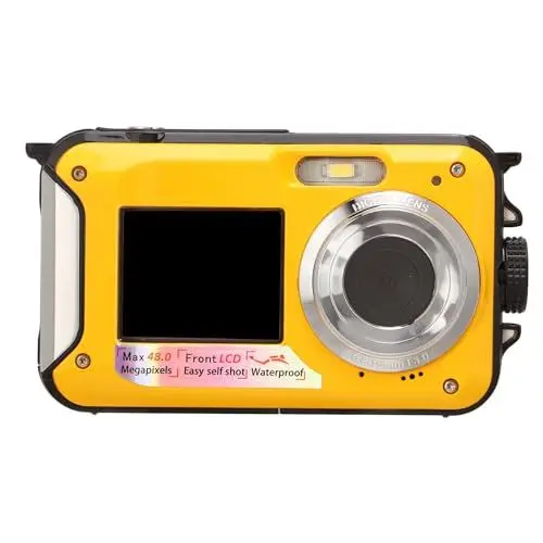 Produktbild: Full HD 2,7K 48 MP 10 Fuß wasserdichte Unterwasser-Digitalkamera mit 16-fachem Digitalzoom Vorne und Hinten, Doppelte Bildschirme, Ideal für Fotografie und Abenteuer, in Gelb