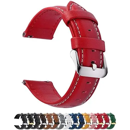 Produktbild: Fullmosa 12 Farben Uhrenarmband, Axus Serie Lederarmband Ersatz-Watch Armband mit Edelstahl Metall Schließe für Herren Damen 16mm Rot