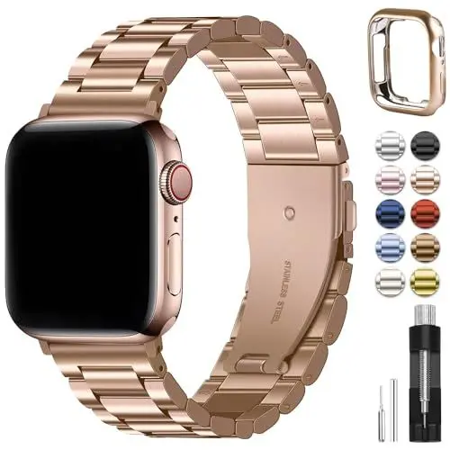 Produktbild: Fullmosa Kompatibel mit Apple Watch Armband 40mm 42mm(Series 10) 41mm 38mm Damen Herren, Metallarmband Edelstahl Bands für iwatch SE Series 10 9 8 7 6 5 4 3 2 1, Roségold