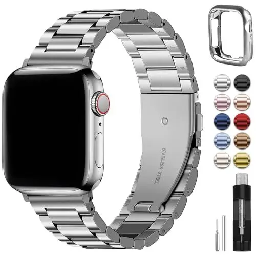 Produktbild: Fullmosa Kompatibel mit Apple Watch Armband 40mm 42mm(Series 10) 41mm 38mm Damen Herren, Metallarmband Edelstahl Bands für iwatch SE Series 10 9 8 7 6 5 4 3 2 1, Silber