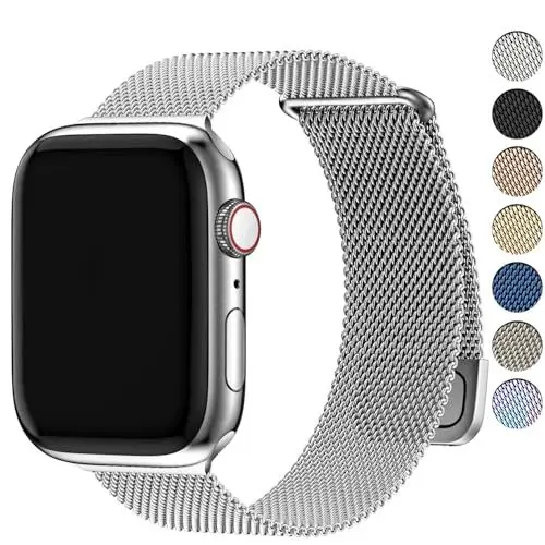 Produktbild: Fullmosa Kompatibel mit Apple Watch Armband 44mm 46mm 45mm 49mm 42mm Damen Herren, Milanaise Metallarmband für iwatch SE Series 10 9 8 7 6 5 4 3 2 1 Ultra, Edelstahl Magnetisch Ersatzband, Silber