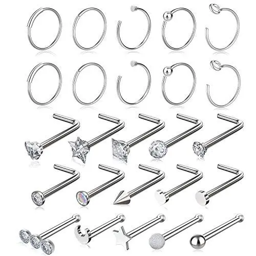 Produktbild: Fullsexy 25 STK Nasenpiercing Ring Set 316L Chirurgenstahl Nasenring Nasenstecker 20 Gauge Piercing Schmuck MEHRWEG
