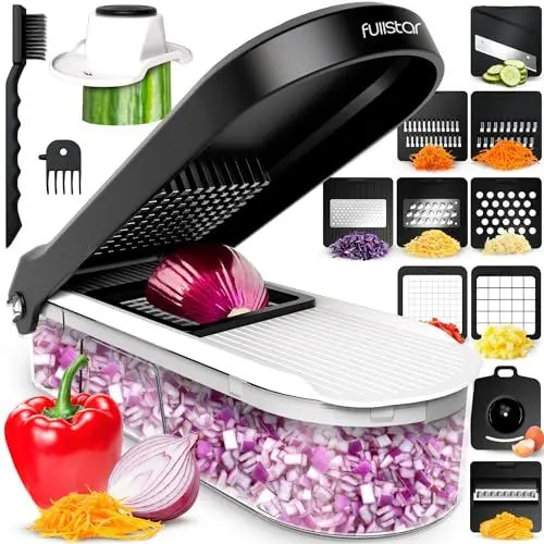 Produktbild: Gemüseschneider Mandoline Gemüsehobel - Gemüse Schneider Gurkenhobel Zwiebelschneider Kartoffelschneider Obstschneider - Reibe für Gemüse und Käse - Julienneschneider (10-in-1 Kompakt Weiß)