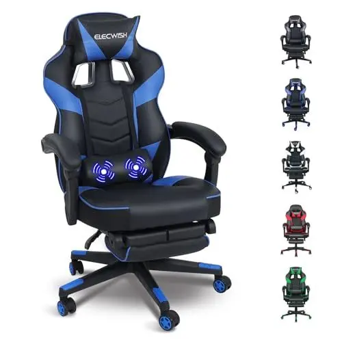Produktbild: Fullwatt Gaming Stuhl, Bürostuhl Ergonomisch Racing Stuhl Massage Gamingstuhl mit Fußstütze 90-150° Rückenlehne Verstellbar, mit Abnehmbare Kopfstütze Lendenkissen, PU Leder Grau
