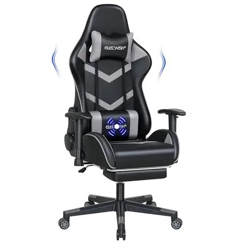 Produktbild: Fullwatt Gaming Stuhl Bürostuhl Racing Stuhl Massage mit Fußstütze Ergonomisch 90-150° Rückenlehne Verstellbar Abnehmbare Kopfstütze Lendenkissen PU Leder (Grauer 2D-Handlauf)