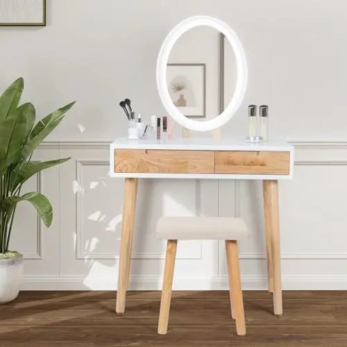 Produktbild: Fullwatt Schminktisch, Schminktisch mit Spiegel und Beleuchtung, mit 3 Farben LED-Beleuchtung, Schublade, Gepolsterter Hocker und Make-up-Organizer (2 Schubladen,Ovaler Spiegel,Eiche)