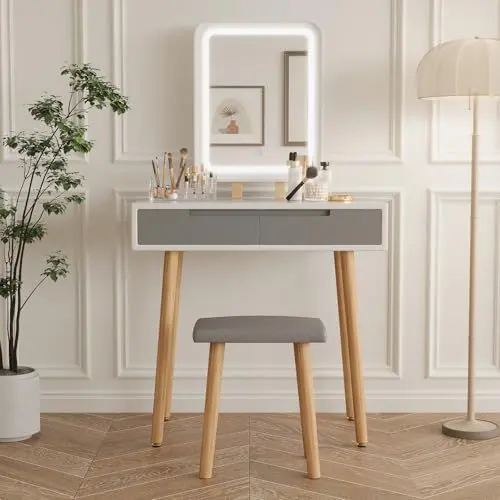 Produktbild: Fullwatt Schminktisch, Schminktisch mit Spiegel und Beleuchtung, mit 3 Farben LED-Beleuchtung, Schublade, Gepolsterter Hocker und Make-up-Organizer (2 Schubladen,Quadratischer Spiegel,Grau)
