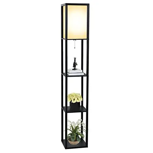 Produktbild: Fullwatt Stehlampe mit Holzregal Innenbeleuchtung Holz Stehleuchte mit Regalen für Schlafzimmer und Wohnzimmer (schwarz)
