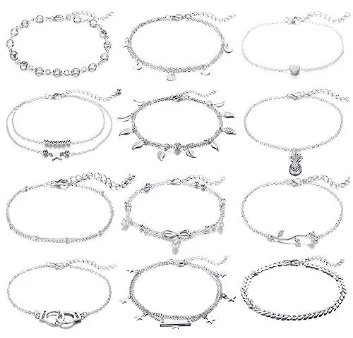 Produktbild: FUNEIA 12 Stücke Fußkettchen für Damen Gold Silber Fußkette Set Wasserfest Mehrreihige Fussketten für Frauen 18K Vergoldet Verstellbar Doppelt Boho Sommer Strand Fußschmuck (Silber)