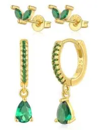 Produktbild: FUNEIA 2 Paare Ohrringe Gold Set Hängend Tropfen Damen Frauen 14K Vergoldet Creolen Goldene Ohrstecker mit Anhänger Grün Blau Grüner Stein Drop Modeschmuck Bijux ohrring Geschenke für Mädchen