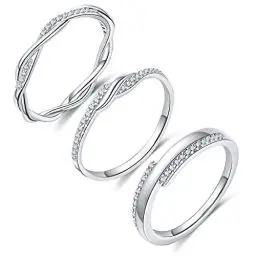 Produktbild: FUNEIA 3 Stück Ring Silber Damen Frauen Stapelbare Ringe Set 18 Karat Weißgold Ehering Verlobungsring Trauringe Weiß Zirkonia Fingerring Knöchelringe Schmuck Größe 49-62 (Silber Set, 57（18.1）)