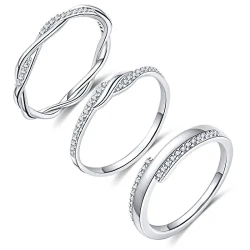 Produktbild: FUNEIA 3 Stück Ring Silber Damen Frauen Stapelbare Ringe Set 18 Karat Weißgold Ehering Verlobungsring Trauringe Weiß Zirkonia Fingerring Knöchelringe Schmuck Größe 49-62 (Silber Set, 54（17.3）)