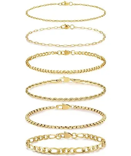 Produktbild: FUNEIA 6 Stück Armband Damen Gold Silber Edelstahl Armband Herren Kettenarmbänder Set Twist Figaro Fischgrätenkette Charm Armband Schmuck Kettenlänge: 16cm/18cm/20cm