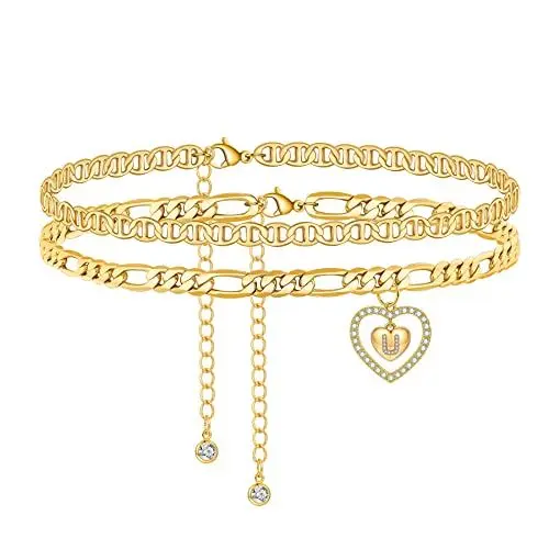 Produktbild: FUNEIA Fußkettchen Gold für Damen Frauen 18K Vergoldet Fußkette Wasserfest Gold mit Zirkonia Herz Buchstaben Anhänger Verstellbar Sommer Strand Fusskette Fußschmuck für Mädchen
