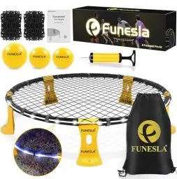 Produktbild: Funeslaball Outdoor Spieleset, Beleuchtetes Roundnet Spieleset Team Games bestehend aus Lichtleiste, Spielnetz & Wettkampfnetz, 3 Bällen, Kordelzug, Ballpumpe, Spiel für Garten, Strand, Park, drinnen
