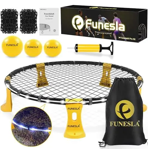 Produktbild: Funeslaball Outdoor Spieleset, Beleuchtetes Roundnet Spieleset Team Games bestehend aus Lichtleiste, Spielnetz & Wettkampfnetz, 3 Bällen, Kordelzug, Ballpumpe, Spiel für Garten, Strand, Park, drinnen