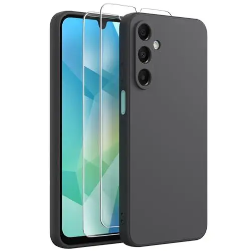 Produktbild: FUNHULLUN Hülle Kompatibel mit Samsung Galaxy A16 5G Handyhülle mit 2 Stück Glasfolie,Mikrofaserfutter Schutzhülle Liquid Silicone Dünne Weiche Schutz Stoßfest Kratzfeste Case -Schwarz
