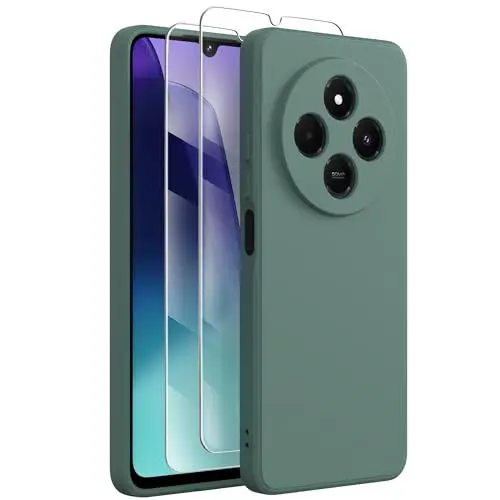 Produktbild: FUNHULLUN Hülle Kompatibel mit Xiaomi Redmi 14C Handyhülle mit 2 Stück Glasfolie,Mikrofaserfutter Schutzhülle Liquid Silicone Dünne Weiche Schutz Stoßfest Kratzfeste Case -Dunkelgrün
