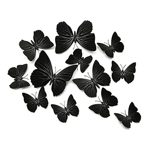 Produktbild: FuninCrea 12 Stück 3D Schmetterling Deko Wandkunst Aufkleber, PVC Magnetische Kühlschrank mit Klebeband, Schmetterling Wandtaufkleber für Schlafzimmer Dekorationen (Schwarz)