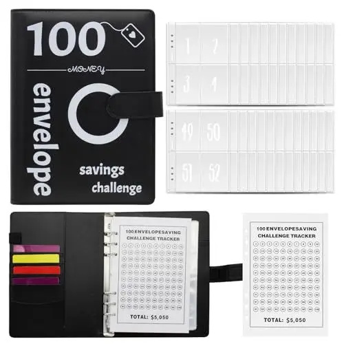 Produktbild: FuninCrea Budget Planner Challenge Ringbuch A5 Sparbuch für geld, budget binder Leder Geld Sparen Challenge Booklet Sparen Sparbuch mit Geldumschlag und Verfolgungsetikett für Geldsparmappe (Schwarz)