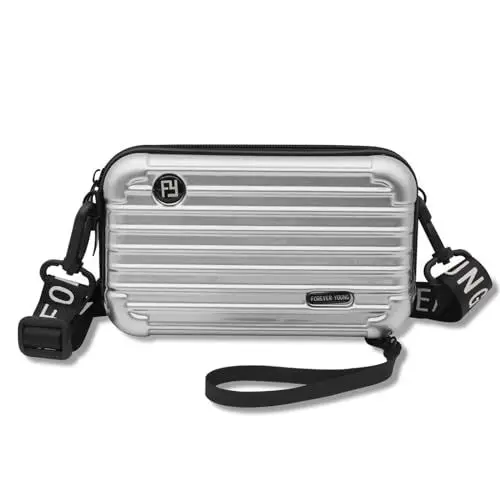 Produktbild: FuninCrea Crossbody Taschen für Frauen, PVC Koffer geformte kleine Crossbody Tasche mit Schulter- und Handgelenkriemen, tragbare Umhängetasche Telefon Tasche mit Mesh Tasche für Reisen (Silbrig)