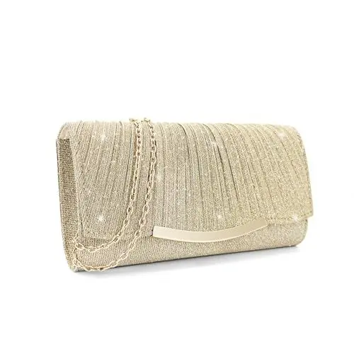 Produktbild: FuninCrea Damen Clutches Umschlag Abendtasche Damen mit Abnehmbarer Kette, Elegant Clutch Damen Pailletten Abendtasche Clutches Handtasche Glitzer für Hochzeiten Bankette Proms (Gold)