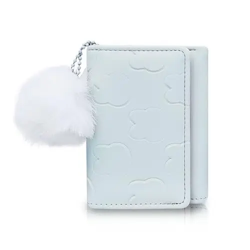 Produktbild: FuninCrea Geldbörse Damen mit Herzförmigem ID-Fenster und Pom Pom, Portemonnaie Damen Klein Geldbeutel Damen PU-Leder Portmonee Damen Tragbar Brieftasche Damen mit 7 Kartenfächern (Blau)