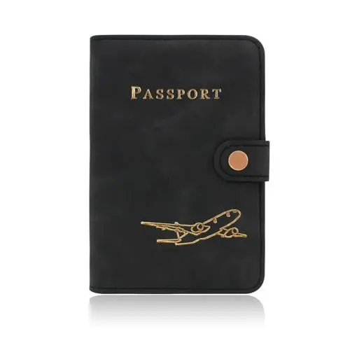 Produktbild: FuninCrea Reisepasshülle, PU Leder Passport Hülle Slim Reisepass Hülle mit Schnalle, Passport Cover Tragbarer Reisepass Organizer mit Flugzeugmuster für Reisepass, Karten, Boarding Pässe (Schwarz)