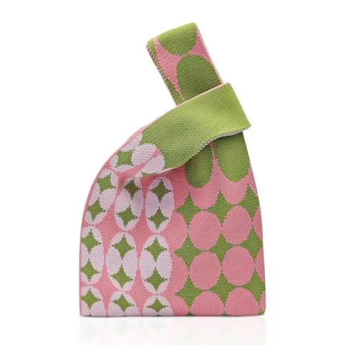 Produktbild: FuninCrea gestrickt Handgelenk Tasche für Frauen, Baumwolle Knoten Geldbörse Stricken Handtaschen mit Farbdruck, tragbare Knoten Tasche Handgelenk Handtasche mit Double-Layer-Griff (rosa)
