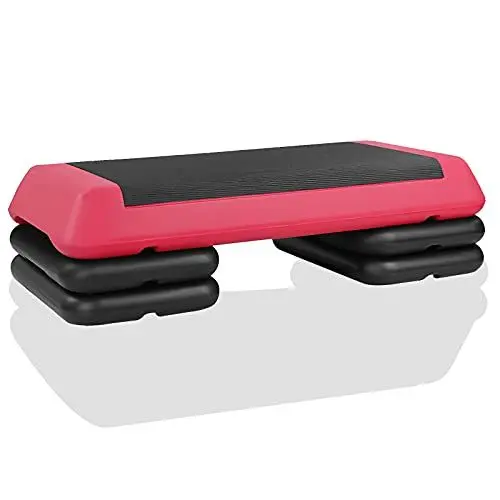 Produktbild: FUNJEPE Aerobic-Stepper mit 3 Stufen, höhenverstellbar, für Fitness und Training, mit 4 Erhöhungen, verstellbar von 10 cm – 15 cm – 20 cm (rot)