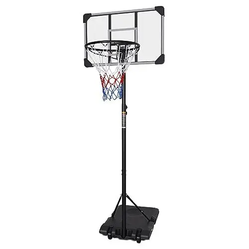 Produktbild: FUNJEPE Tragbarer, freistehender Basketballkorb und Ständer, höhenverstellbar, mit transparentem Rückwand-Set-System für drinnen und draußen, 165–213 cm