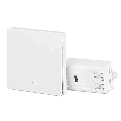 Produktbild: Funk Lichtschalter Set Batterielose 2300W, Kinetisch Wireless Schalter mit Empfänger mit 150m Reichweite, Funkschalter Lichtschalter Set mit Sender ohne Verkabelung, IP66 Wasserdicht Wandschalter