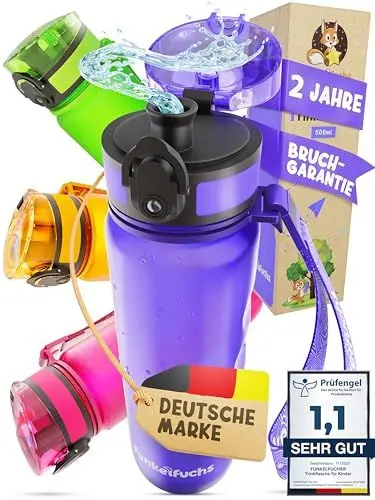Produktbild: Funkelfuchs®- Trinkflasche für Kinder – 500ml, Lila – Kohlensäure geeignet - 100% auslaufsicher - Wasserflasche spülmaschinenfest - für Kindergarten, Einschulung, Schule, Sport