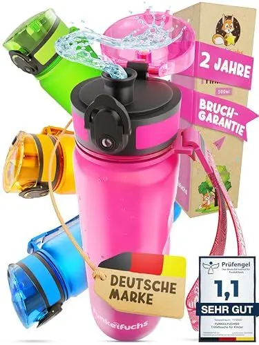 Produktbild: Funkelfuchs®- Trinkflasche für Kinder – 500ml, Pink – Kohlensäure geeignet - 100% auslaufsicher - Wasserflasche spülmaschinenfest - für Kindergarten, Einschulung, Schule, Sport