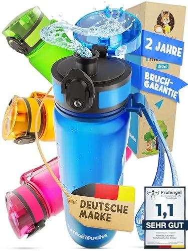 Produktbild: Funkelfuchs® - Trinkflasche für Kinder – 500ml, Blau – Kohlensäure geeignet - 100% auslaufsicher - Wasserflasche spülmaschinenfest - für Kindergarten, Einschulung, Schule, Sport