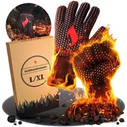 Produktbild: Funkenflug® Premium Grillhandschuhe hitzebeständig, 3 bequeme Größen (Neu) - Lange feuerfeste Handschuhe für ein einzigartiges Grillerlebnis - inkl. Geschenkverpackung und Rezepte E-Book (L/XL)