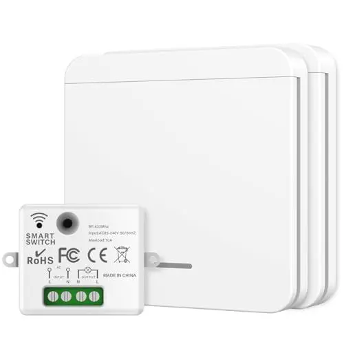Produktbild: Apkezel Funkschalter 230v, RF 433Mhz Funk Lichtschalter, lichtschalter mit fernbedienung Reichweite von 30 Metern, für Lampen bis 1500W (1 Empfänger und 2 Schalter)